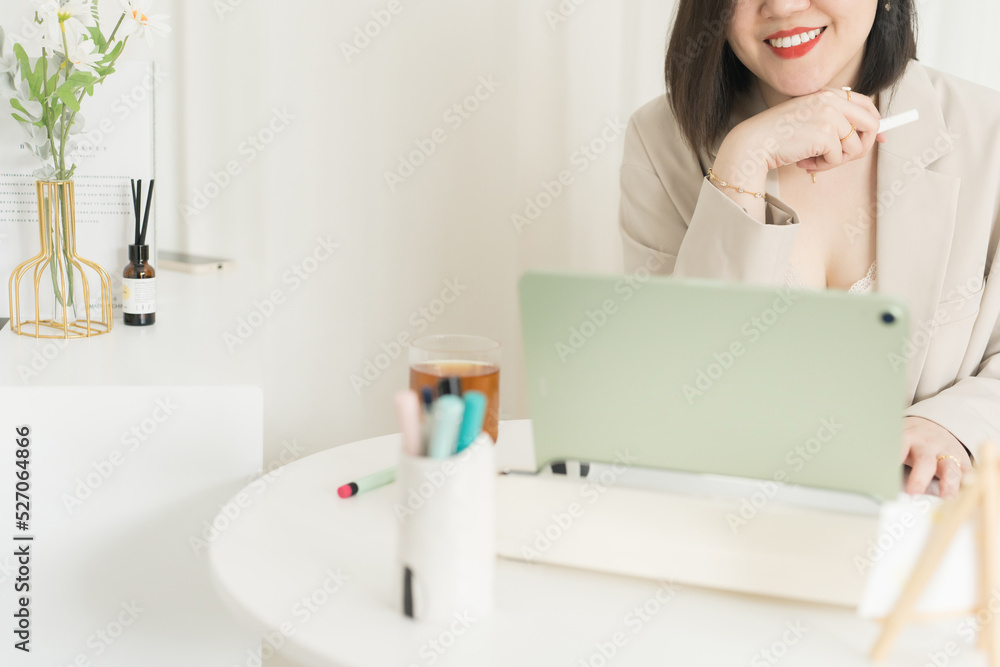 asian business and writer woman smile and happy during think new idea and meeting online asian business and writer woman smile and happy during think new idea and meeting online