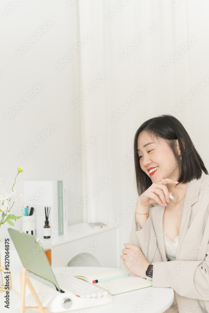 asian business and writer woman smile and happy during think new idea and meeting online asian business and writer woman smile and happy during think new idea and meeting online