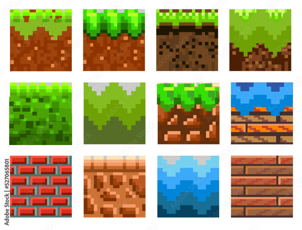 set of pixel art texture seamless for creating a landscape in games and mobile applications