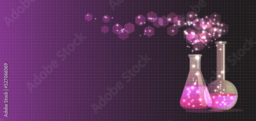 Chemistry tubes background in purple and lilac neon colors. Bright lights and bright chemical reaction. Magical chemistry tubes vector background.