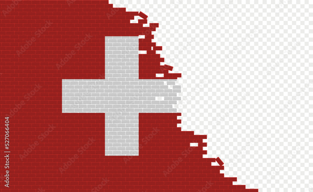 Obraz premium Switzerland flag on broken brick wall. Empty flag field of another country. Country comparison. Easy editing and vector in groups.