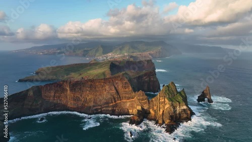 landscape on Madeira island. Atlantic ocean waves crashing over the rocks