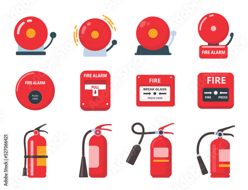Red fire alarm bell icon. An electric bell sounds to alert you in the event of a fire. photo