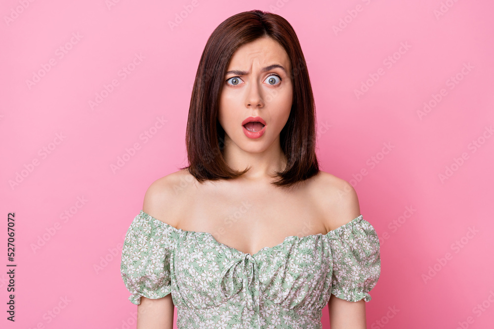 Portrait of disappointed lady negative mood staring no believe impossible bad news grumpy face isolated on pink color background Portrait of disappointed lady negative mood staring no believe impossible bad news grumpy face isolated on pink color background