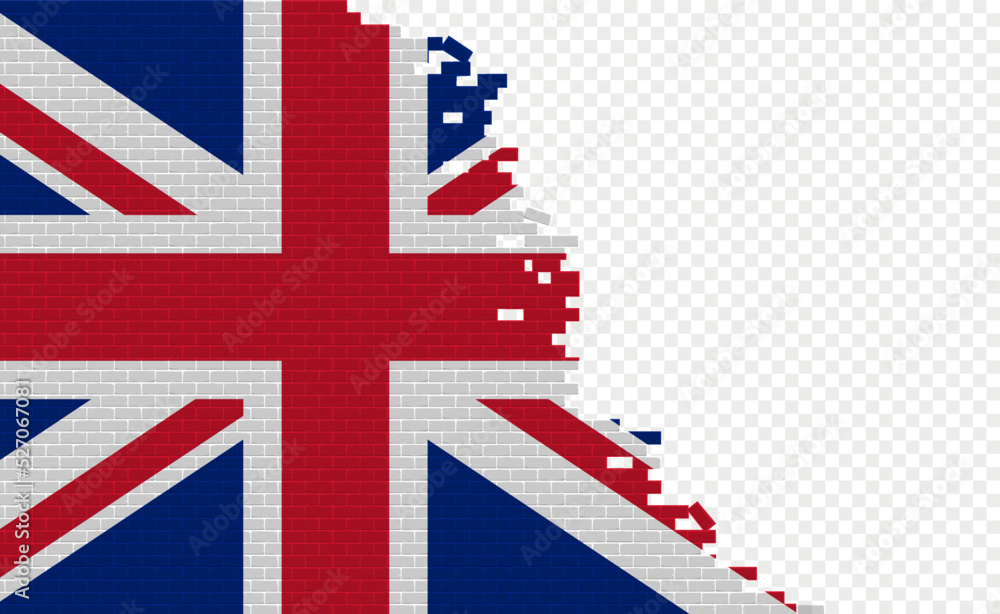 Fototapeta premium United Kingdom flag on broken brick wall. Empty flag field of another country. Country comparison. Easy editing and vector in groups.