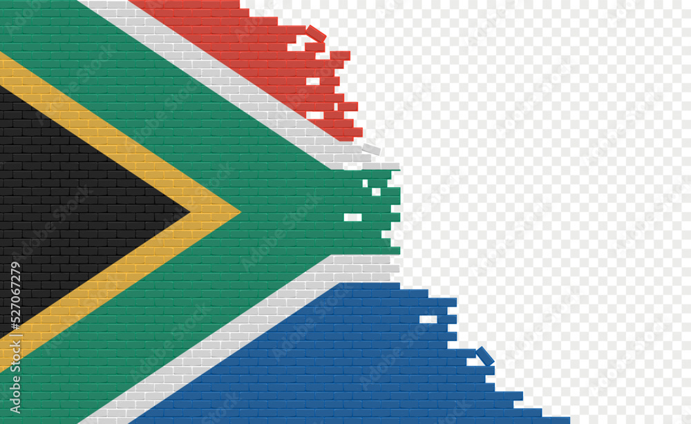 South Africa flag on broken brick wall. Empty flag field of another country. Country comparison. Easy editing and vector in groups.