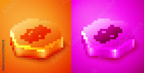 Isometric NFT Digital crypto art icon isolated on orange and pink background. Non fungible token. Hexagon button. Vector