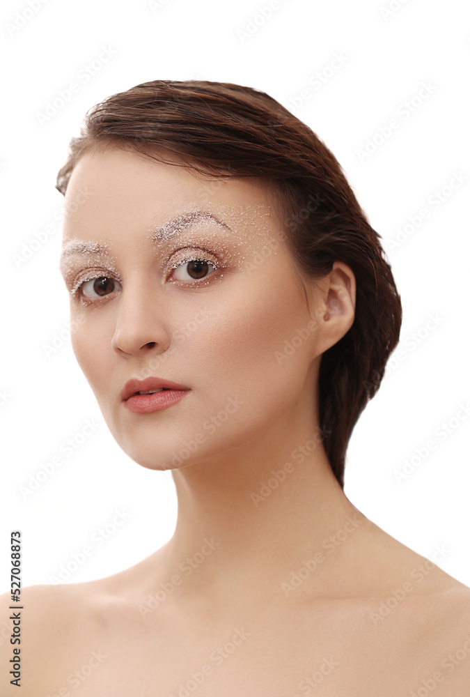 A photo of a young beautiful woman model with white brows makeup posing for camera A photo of a young beautiful woman model with white brows makeup posing for camera