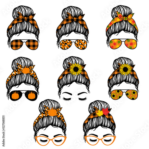 Set of Autumn Messy Bun. Fall mom messy bun. Women with aviator glasses, bandana. Fall, autumn, Thanksgiving. Vector illustration. Isolated on white background. Good for posters, t shirts, postcards.