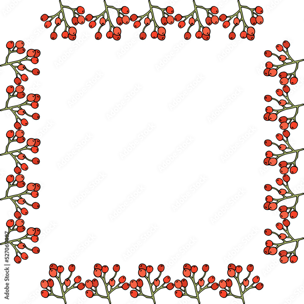 Square frame of cozy rowan berries on white background. Vector image. Doodle style. Square frame of cozy rowan berries on white background. Vector image. Doodle style.