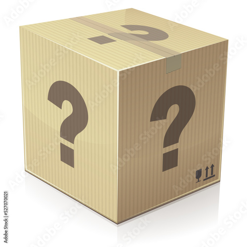 3D cardboard box closed with tape on which a question mark is printed on all sides