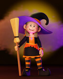 할로윈 마녀 의상을 입은 어린이가 빗자루를 들고 포즈를 취하고 있는, 3d 렌더링 캐릭터 일러스트