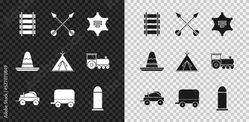 Set Railway, railroad track, Crossed arrows, Hexagram sheriff, Wild west covered wagon, Bullet, Mexican sombrero hat and Indian teepee or wigwam icon. Vector