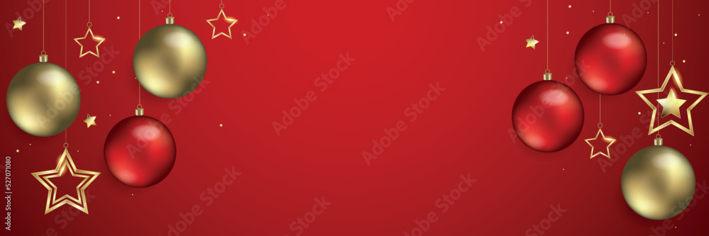 Hanging christmas balls and stars on a red background - Christmas and happy new year design banner Hanging christmas balls and stars on a red background - Christmas and happy new year design banner
