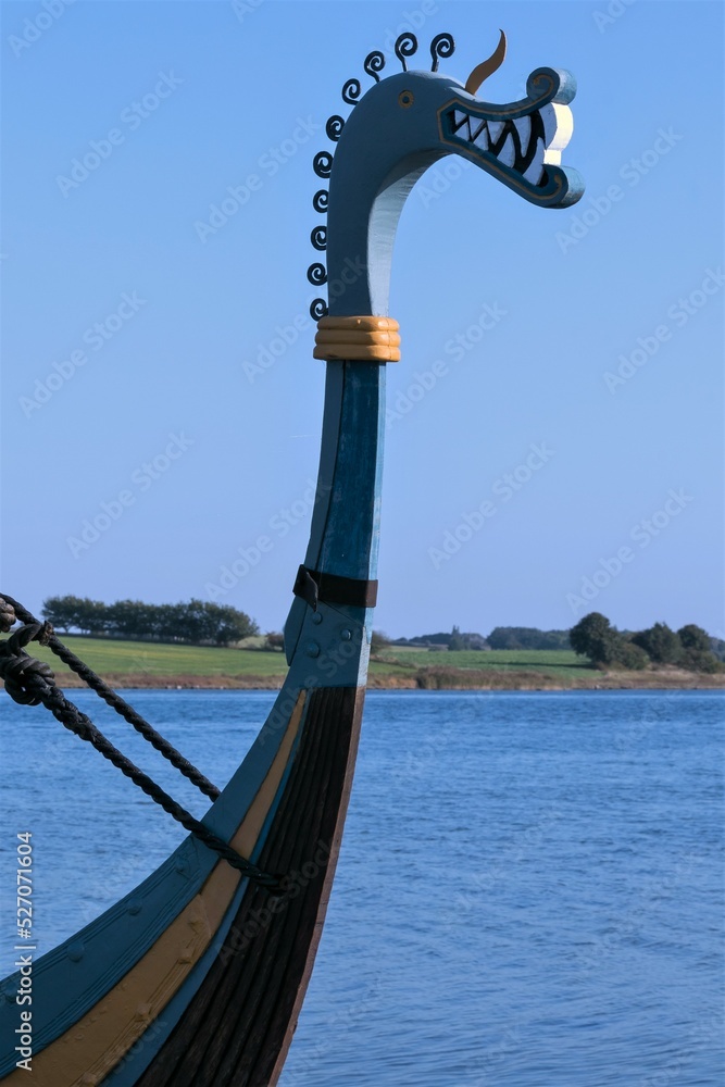 Fototapeta premium Close up of a viking ship with carved dragon head.