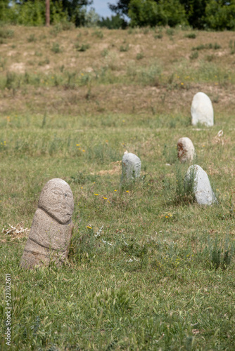Ancient grave markers carved by Nestorian Christians near Burana Tower in Kyrgyzstan.