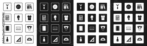 Set Office folders, Light bulb with concept of idea, Calculator, Tie, School backpack, Hand thumb up, Medal and Spiral notebook icon. Vector
