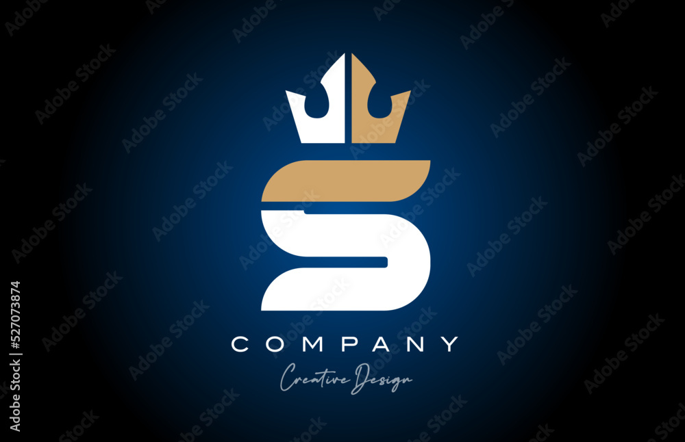 white brown S alphabet letter logo icon design with king crown. Creative template for company and business