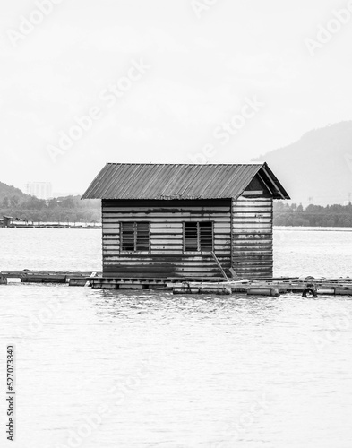 an old floating hut in the sea