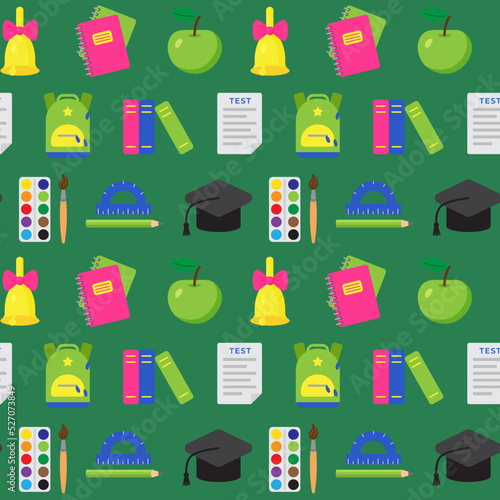 Seamless pattern with school and educational elements. Objects for art, stationery. Print for textile, clothes, book cover, wrapping paper, design and decor. Colorful background. Back to school. 