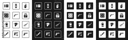 Foto Set Hand grenade, Revolver gun, Weapon catalog, Hunting shop weapon, Buying pistol, Pepper spray, Bayonet rifle and smoke icon