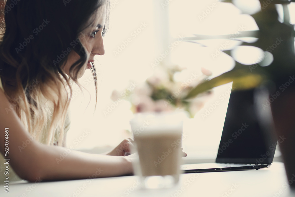 Young, charming, brunette girl working on the computer in the kitchen at home Young, charming, brunette girl working on the computer in the kitchen at home