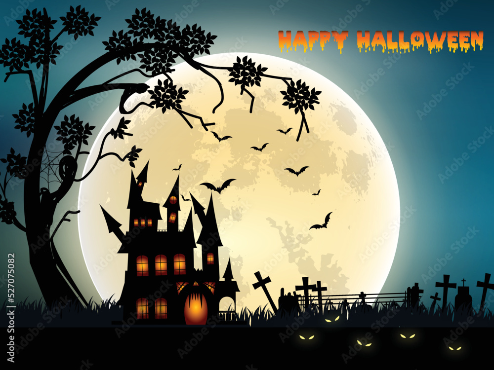 Dark halloween haunted house background with cemetery