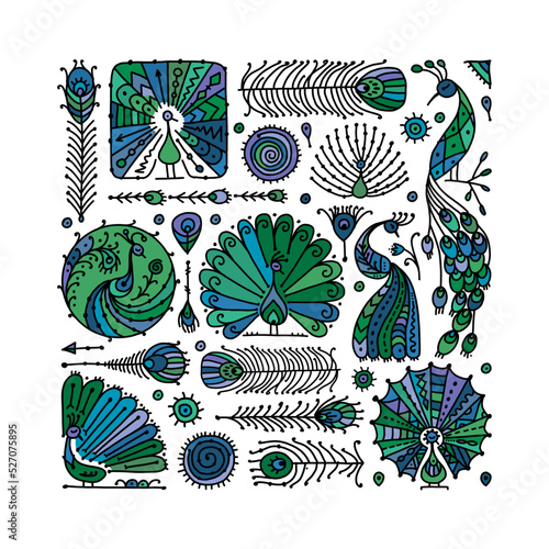 Peacock collection, ethnic style, sketch for your design. Vector illustration