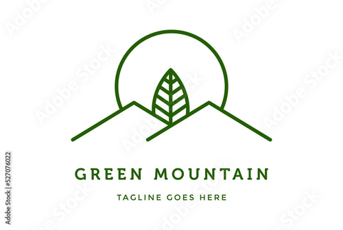 Simple Minimalist Landscape Hills Peaks with Natural Fresh Tree Leaf Vector logo design