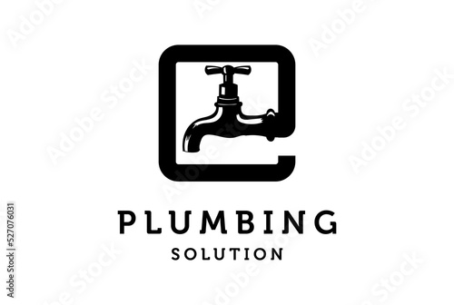 Vintage Square Pipe with Water Faucet for Tap Plumbing Sanitary Service Logo Design Vector