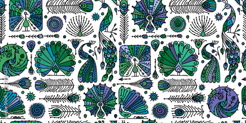Peacock collection, ethnic style, seamless pattern for your design. Vector il...