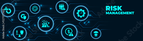 Risk management vector illustration. Concept with icons related to risk analysis or risk assessment and identification in business, in a company or in finance.