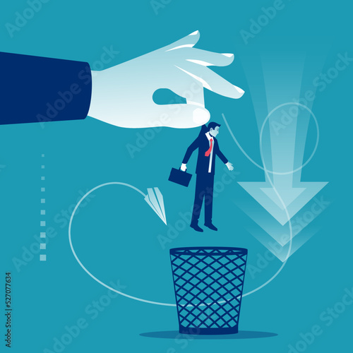 Unnecessary employee. Reduction staff. Dismissal of employees. Crisis in the company. The boss throws an employee to the trash can. Vector illustration flat design. Isolated on background.