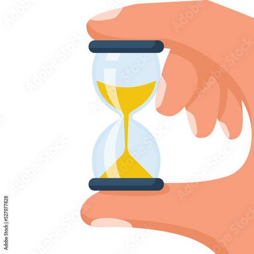 Hourglass flat icon. Holding the hourglass in the hand. Vector illustration cartoon design. Time management control. Isolated on white background.