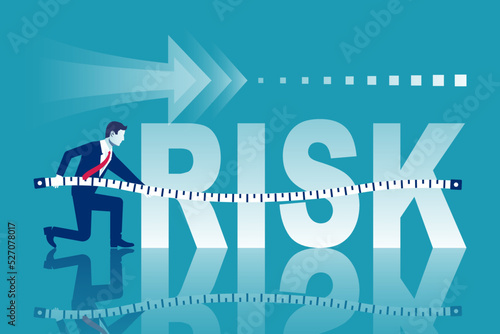 Risk measurement. Weigh the risks. Vector illustration flat design. Isolated on white background. Businessman with a roulette measures a big word. Business metaphor. Danger control.
