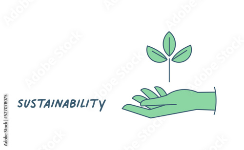 Sustainable ecologic environment concept. Hand holding plant. Linear vector illustration.
