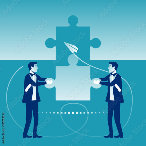 Business teamwork concept. Two businessmen connecting puzzle elements. Vector illustration flat style design metaphor. Symbol of working together, cooperation, partnership.