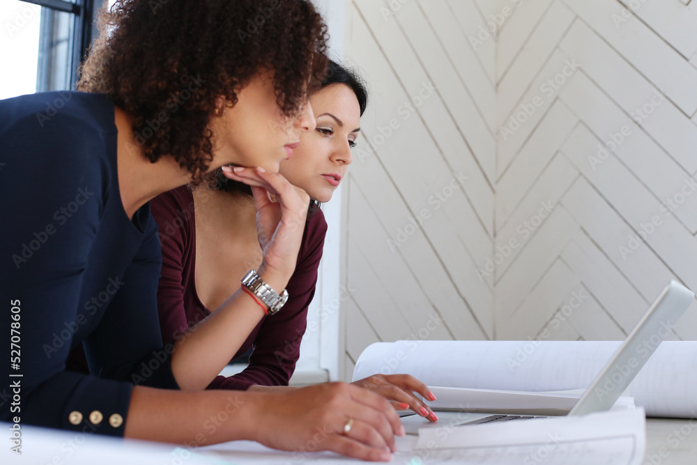 Image of two female co-workers working on a project in the office. Image of two female co-workers working on a project in the office.
