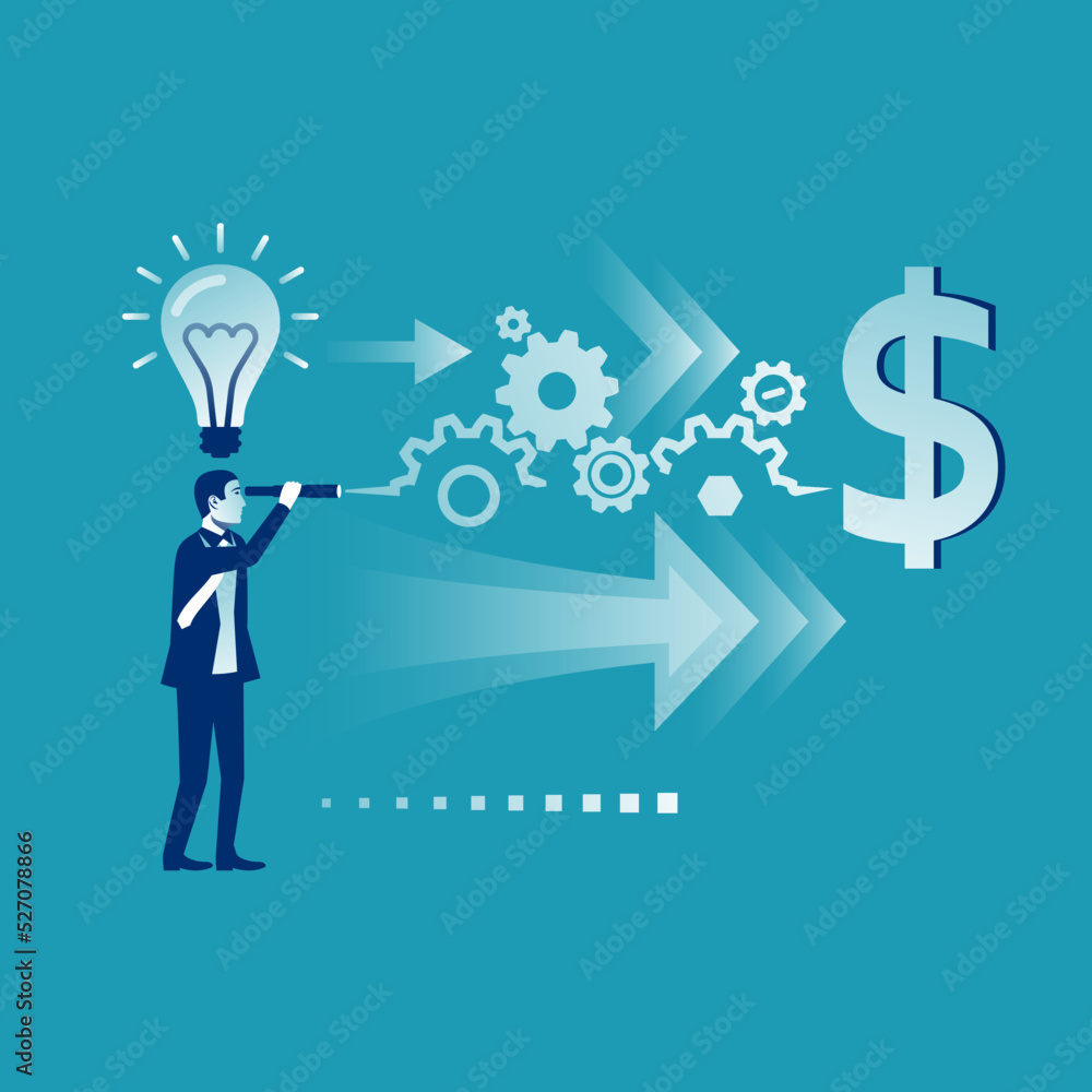 The path from idea to earnings. Vision business concept. Successful businessman looking in telescope, seeing money future. Vector illustration flat design. Isolated on background. Spyglass in hand. The path from idea to earnings. Vision business concept. Successful businessman looking in telescope, seeing money future. Vector illustration flat design. Isolated on background. Spyglass in hand.