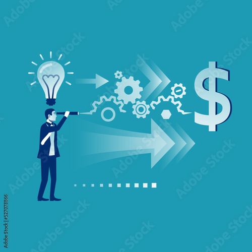 The path from idea to earnings. Vision business concept. Successful businessman looking in telescope, seeing money future. Vector illustration flat design. Isolated on background. Spyglass in hand.