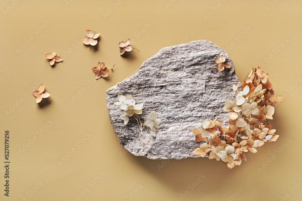 Rounded stone and dried flowers. Background for presentation of eco friendly and zero waste products in earth colors - obrazy, fototapety, plakaty 