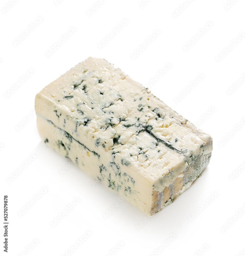 A piece of delicious cheese with mold on a white background A piece of delicious cheese with mold on a white background