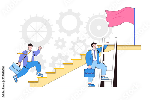 Easy or shortcut way to win, strategy to achieve target, efficiency solution to reach career goal concepts. Businessman walking up stair compete with smart guy which cut the success path using ladder