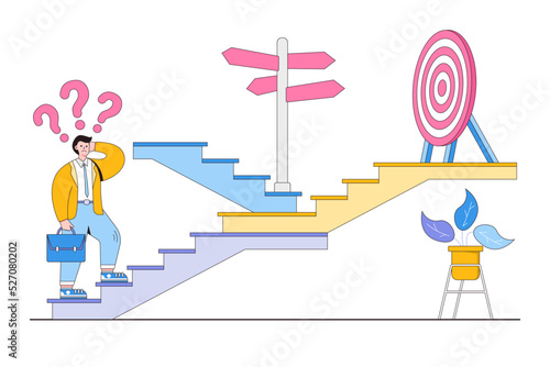 Business strategic direction, choose options to growth, decision to self development or career path concepts. Confused businessman thinking to make choice on stairs of success with multiple route