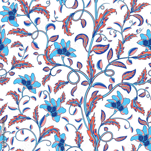 Decorative red and blue fantasy flowers and branches on white background inspired indian paisley culture. Floral seamless pattern in oriental style.