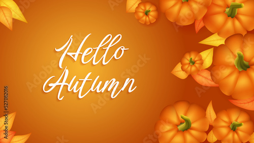 Hello autumn banner template with pumpkin and leaf. Poster, card, label, web banner. Vector illustration Happy Thanksgiving composition with pumpkins, autumnal leaves. Overhead view with copy space.