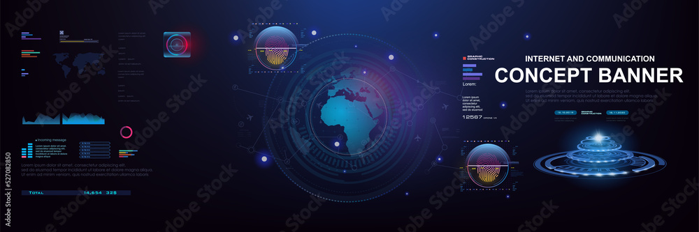 Obraz premium Internet and communications. Concept banner with HUD elements. Globe with information exchange. Internet of things. World Internet technologies and communications. Technology interface in HUD style