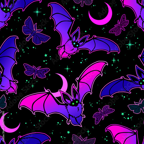 bright seamless illustration of flying bats on the background of the starry sky