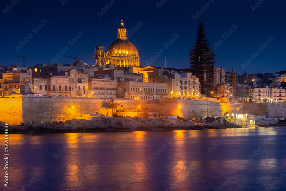 Skyline of Valletta by night, view from Sliema,  Malta