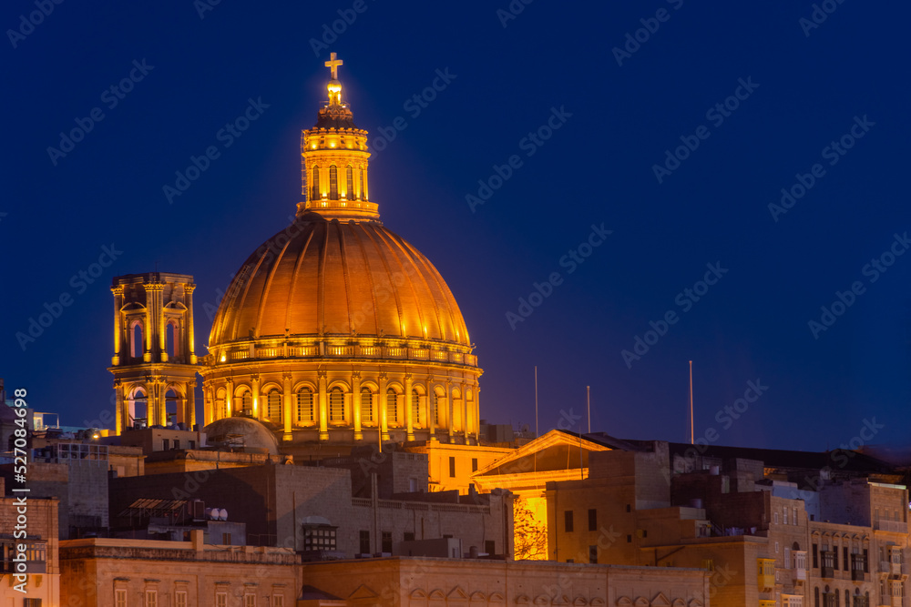 Dome of Valletta Basilica of Our Lady of Mount Carmel at night, Malta